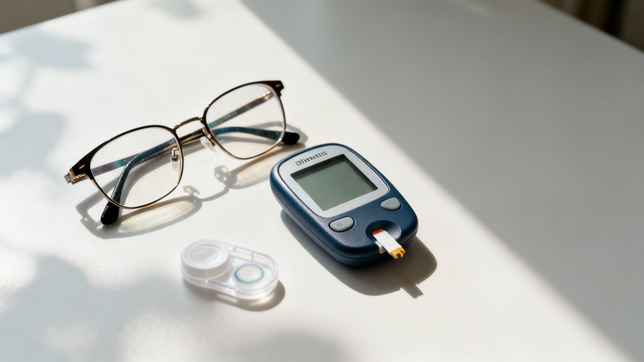 Gafas, glucómetro y estuche de lentes de contacto sobre una superficie blanca, simbolizando el cuidado de la salud visual y general.
