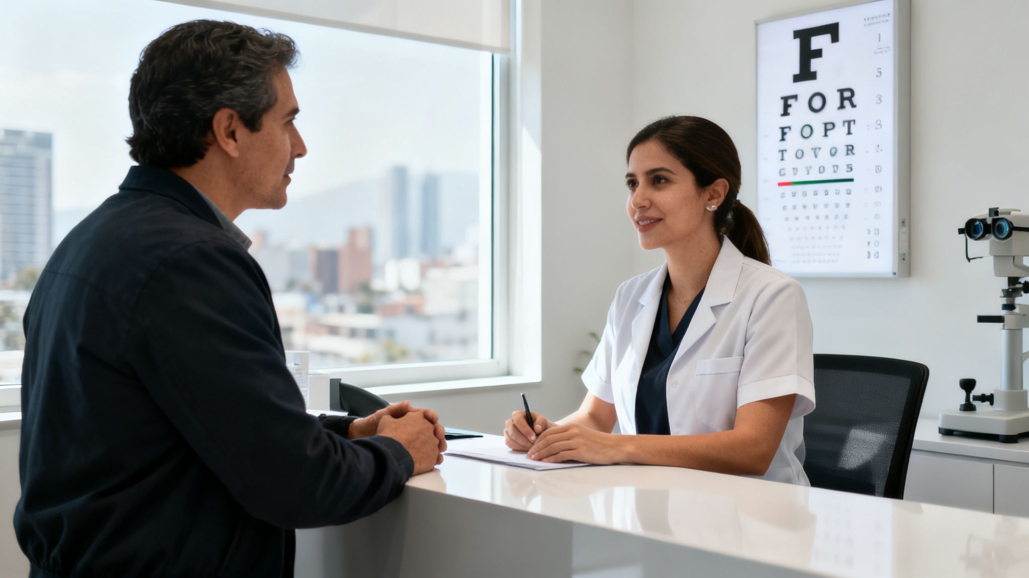 Paciente masculino conversando con una optometrista sonriente en una clínica oftalmológica moderna.