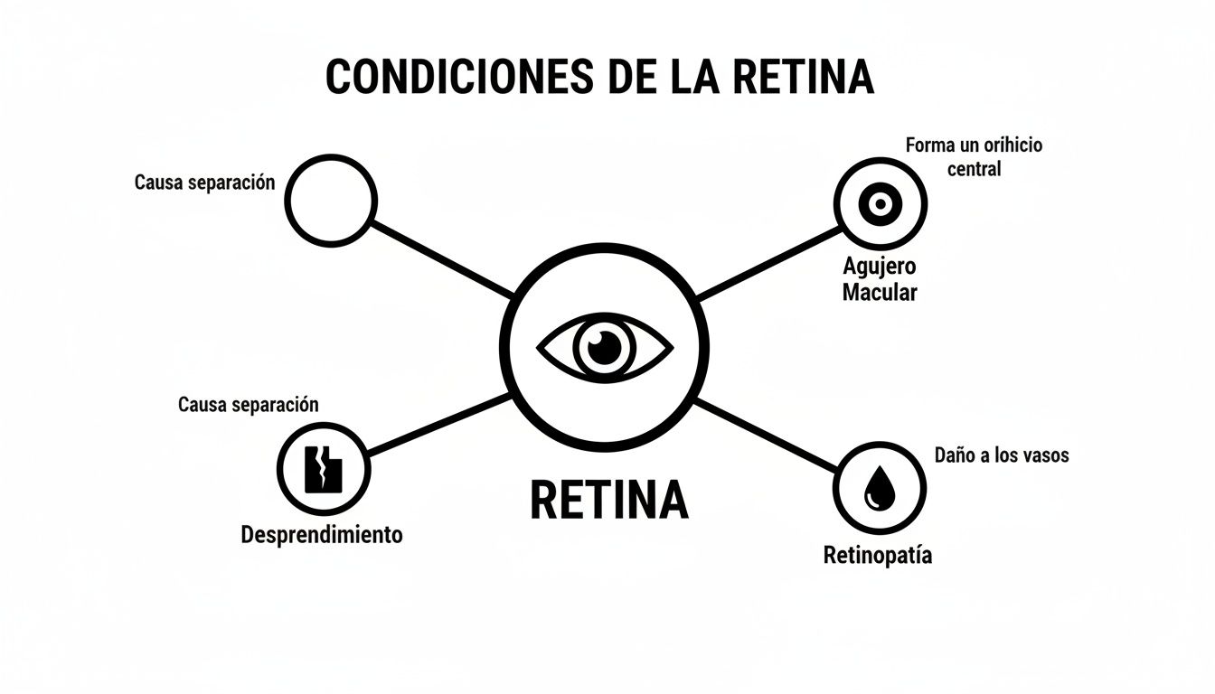 Diagrama en blanco y negro de las condiciones de la retina, incluyendo desprendimiento, agujero macular y retinopatía.