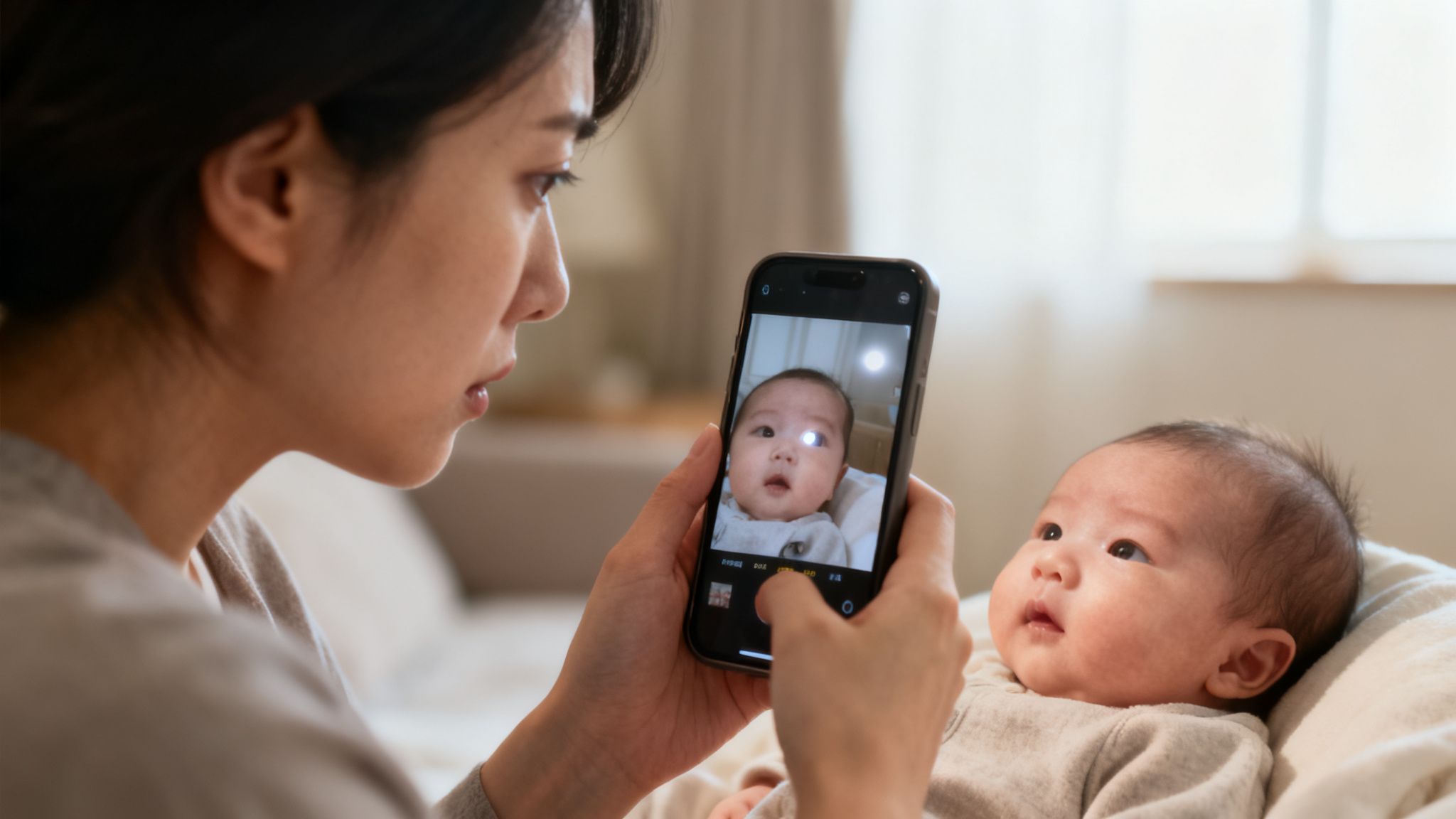 Una mujer asiática toma una foto de un bebé adorable con su teléfono inteligente.