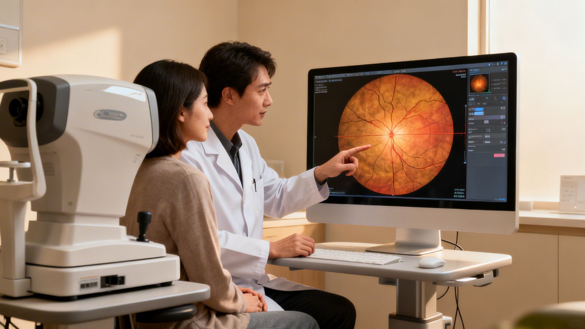 Un retinólogo en Monterrey explica un escaneo de retina a una paciente en el consultorio, con equipo médico.