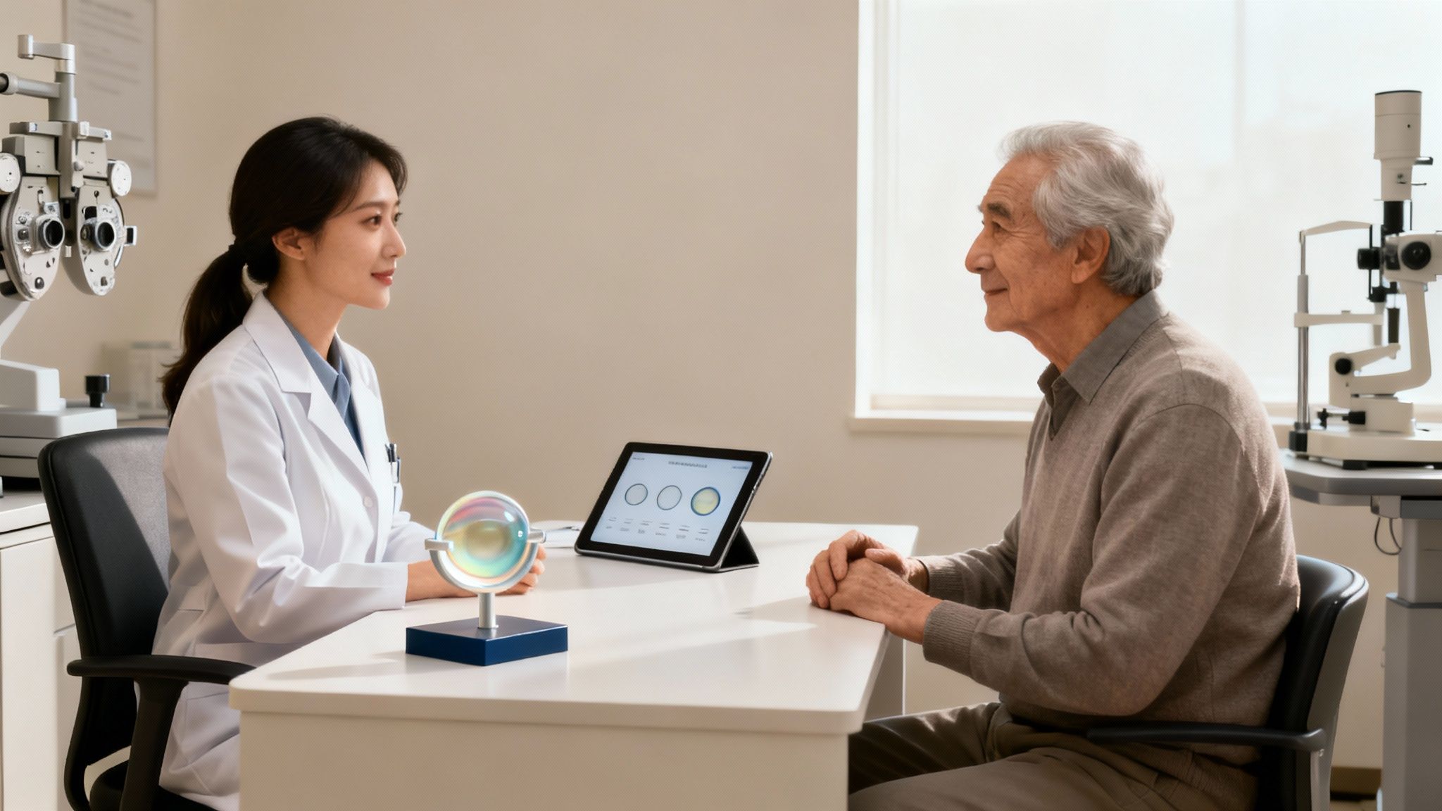 Doctora en bata blanca hablando con paciente mayor en clínica oftalmológica, con equipo médico y tablet.