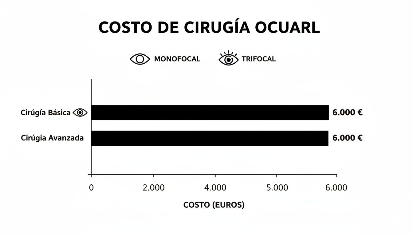 Gráfico de barras mostrando el costo de cirugía ocular básica y avanzada, ambas a 6.000€.