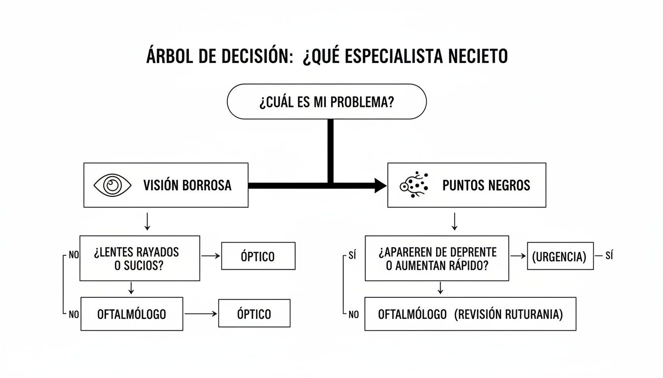 Diagrama de flujo para decidir qué especialista ocular consultar según los síntomas visuales.