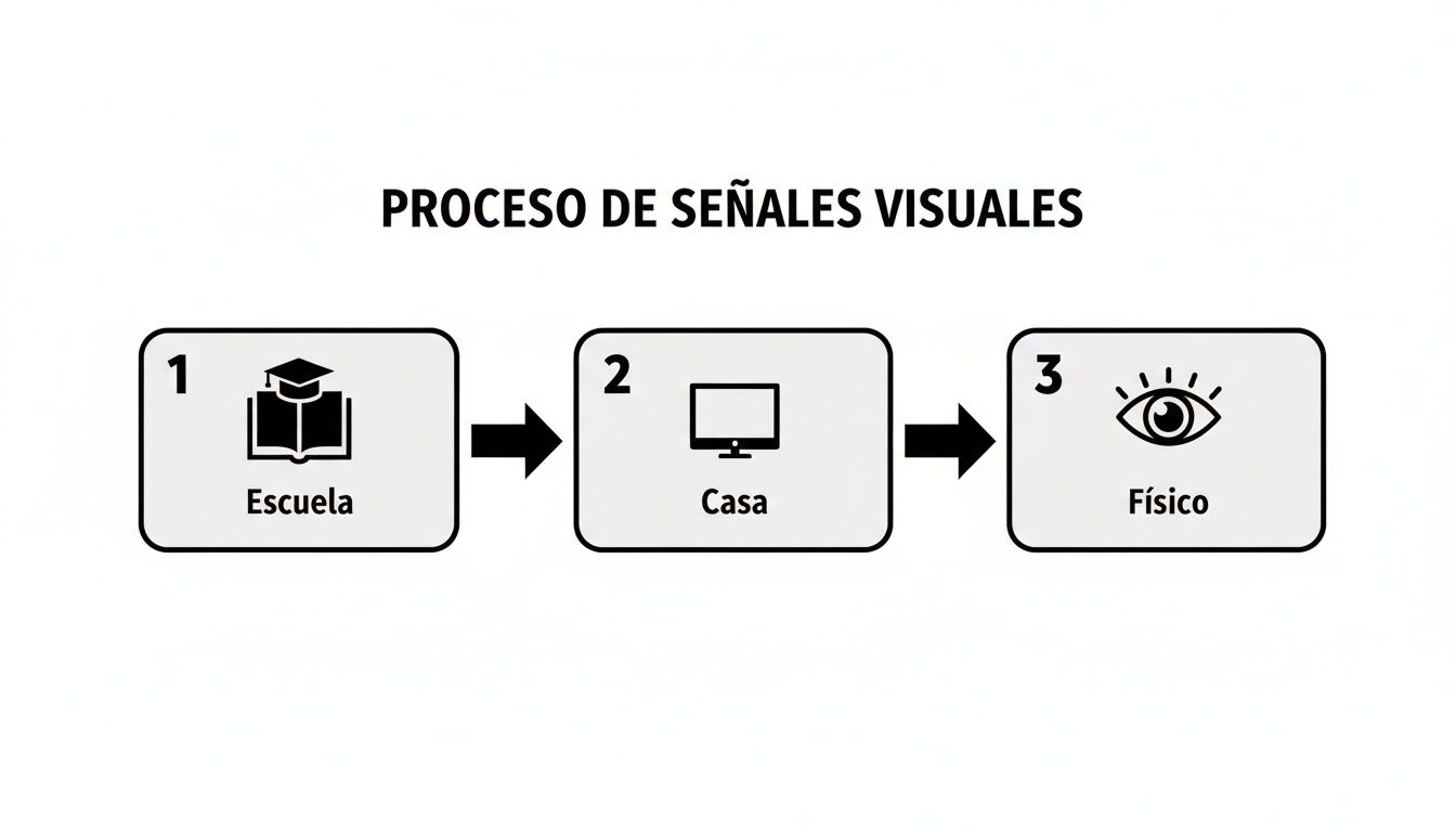 Diagrama que ilustra el proceso de señales visuales: de la escuela a casa y la percepción física.