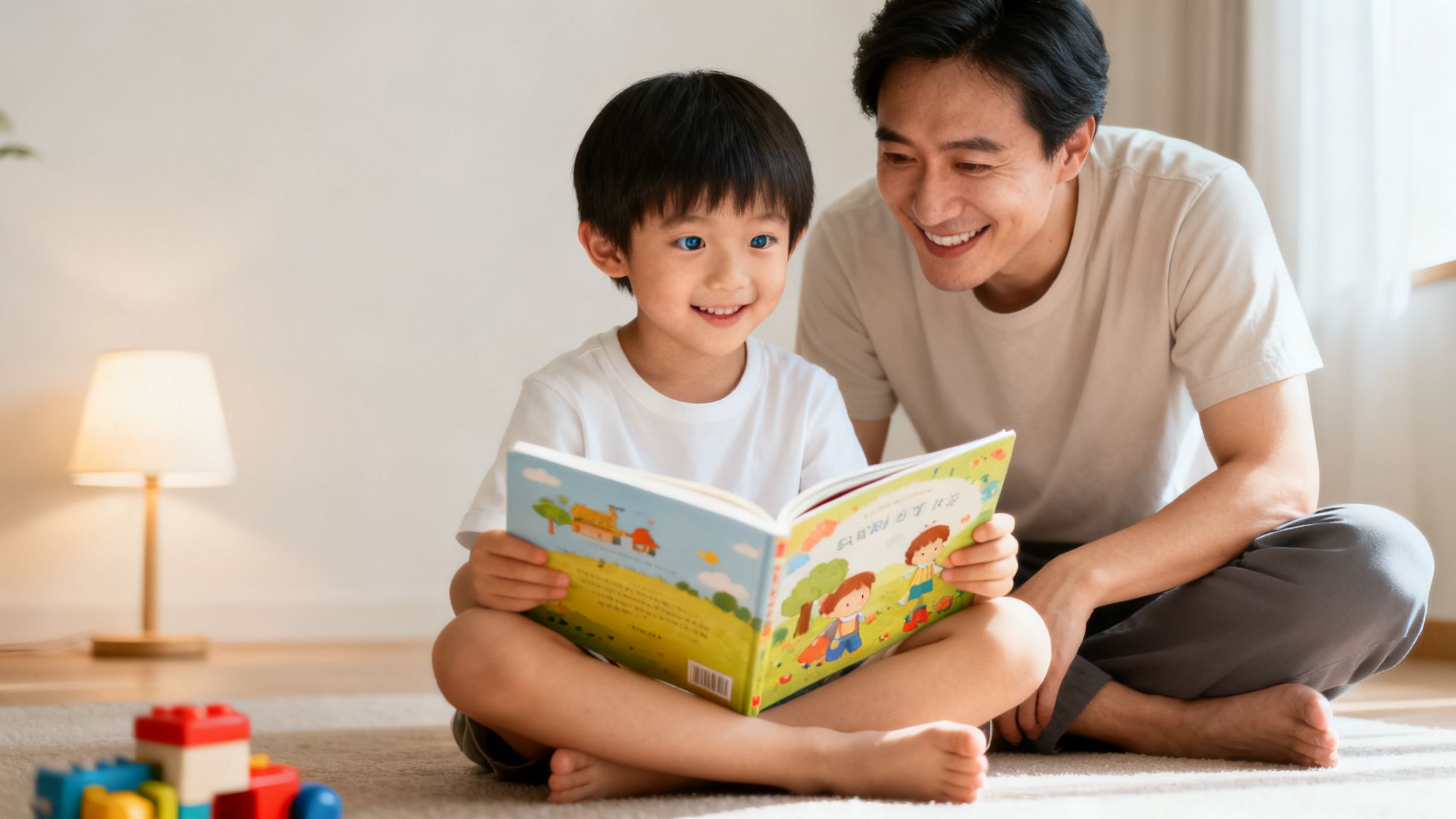 Padre e hijo sonrientes leen un libro juntos en el suelo, disfrutando de un momento de conexión y aprendizaje.