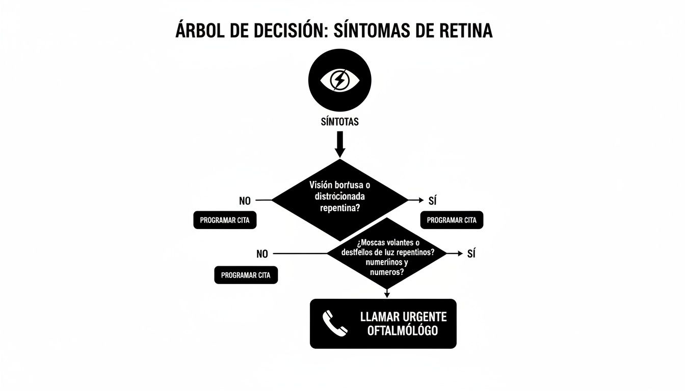 Árbol de decisión sobre síntomas de retina, guiando a los usuarios con visión borrosa, moscas volantes o destellos de luz.