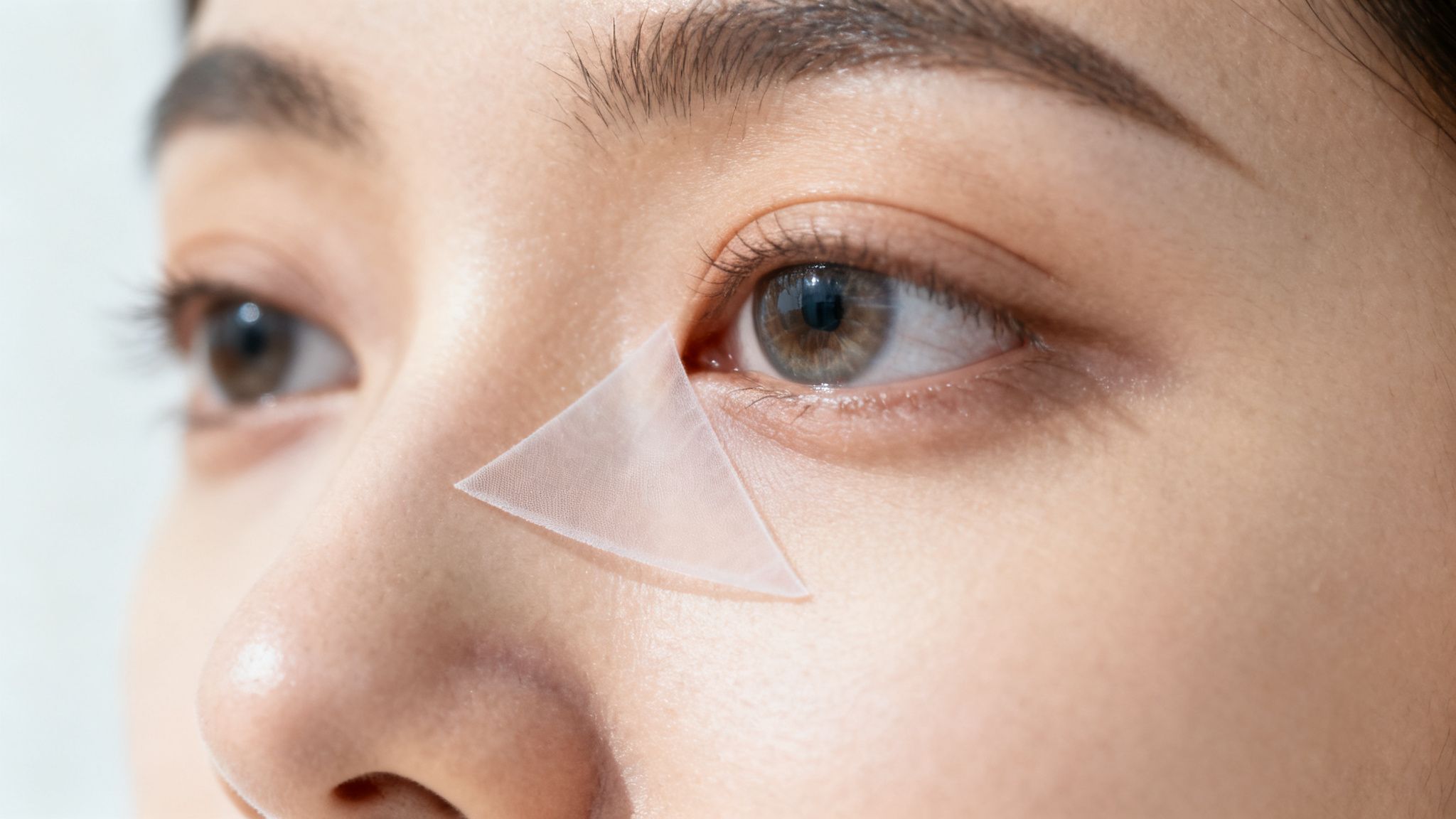 Primer plano de un ojo asiático con un parche triangular claro aplicado en la esquina interior.