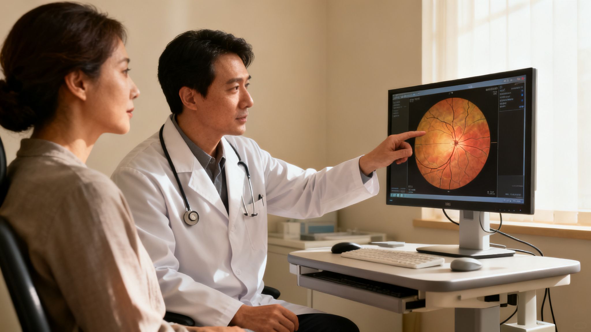 Doctor explicando resultados de un tamiz visual a una paciente, mostrando la retina en una pantalla.