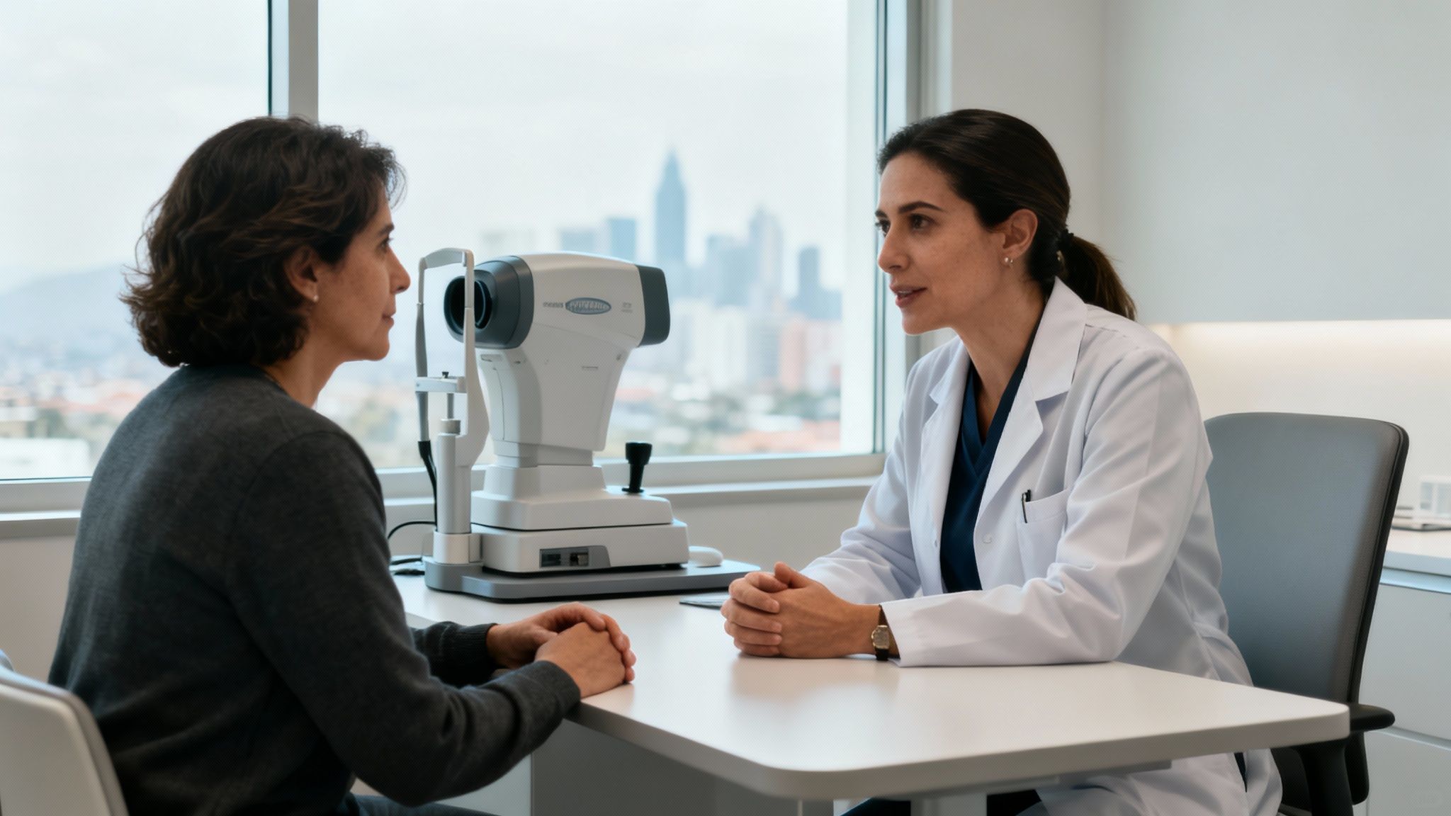 Oftalmóloga conversando con paciente durante un examen de la vista en un consultorio moderno.