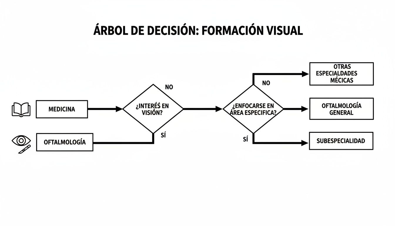 Diagrama de flujo sobre formación visual, mostrando rutas de carrera desde medicina a oftalmología y subespecialidades.