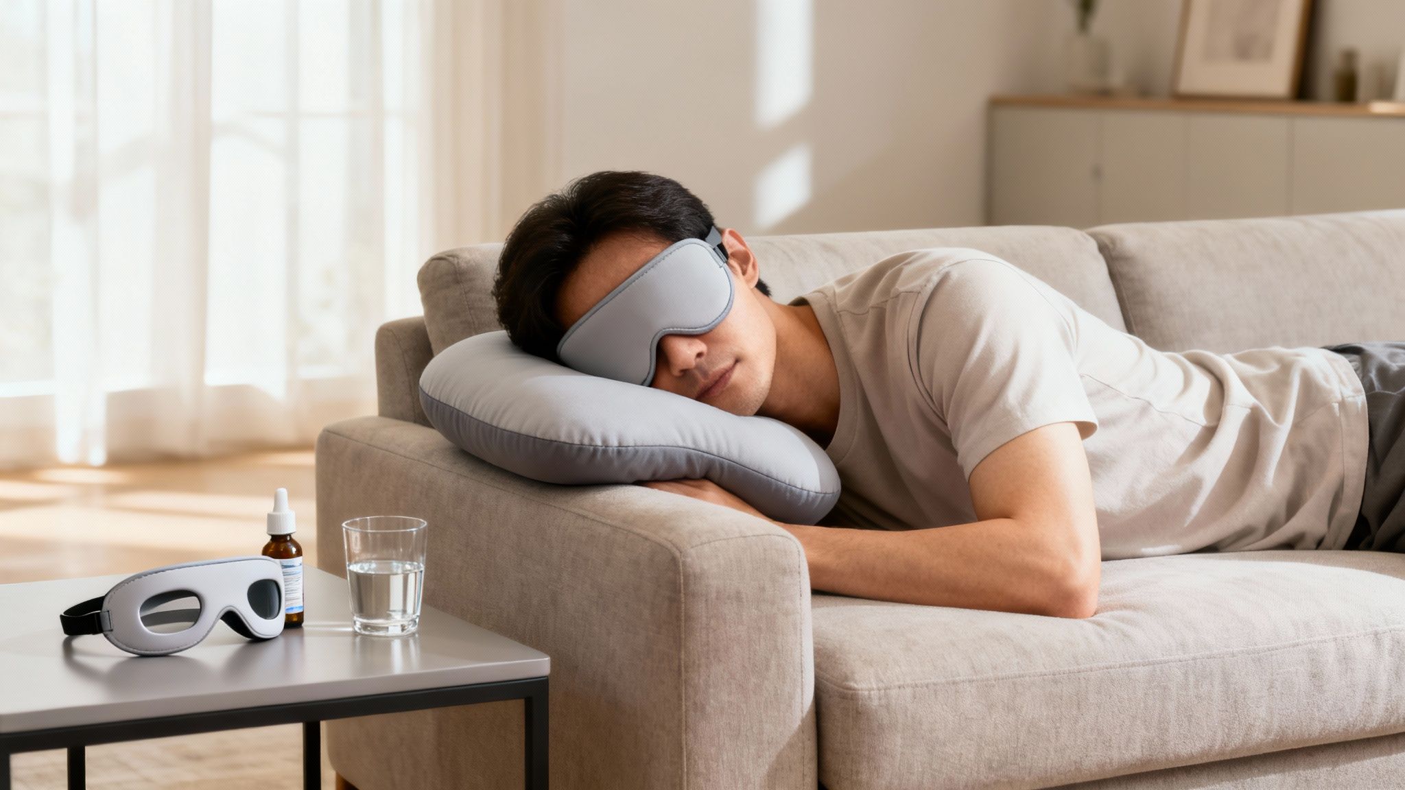 Hombre joven asiático duerme relajado en el sofá con antifaz y almohada de viaje.