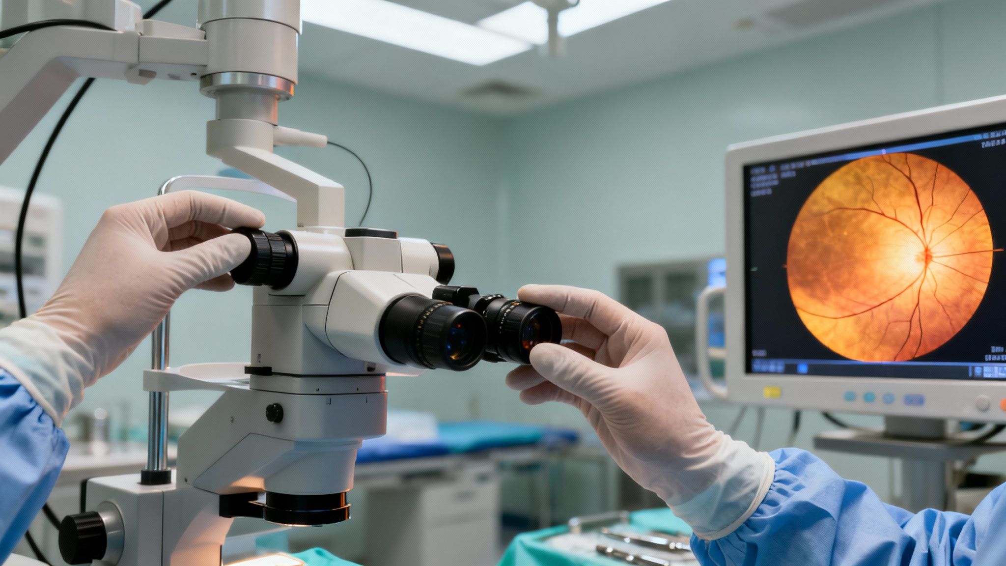 Manos de cirujano con guantes operando un microscopio óptico en quirófano, con retina visible en monitor.