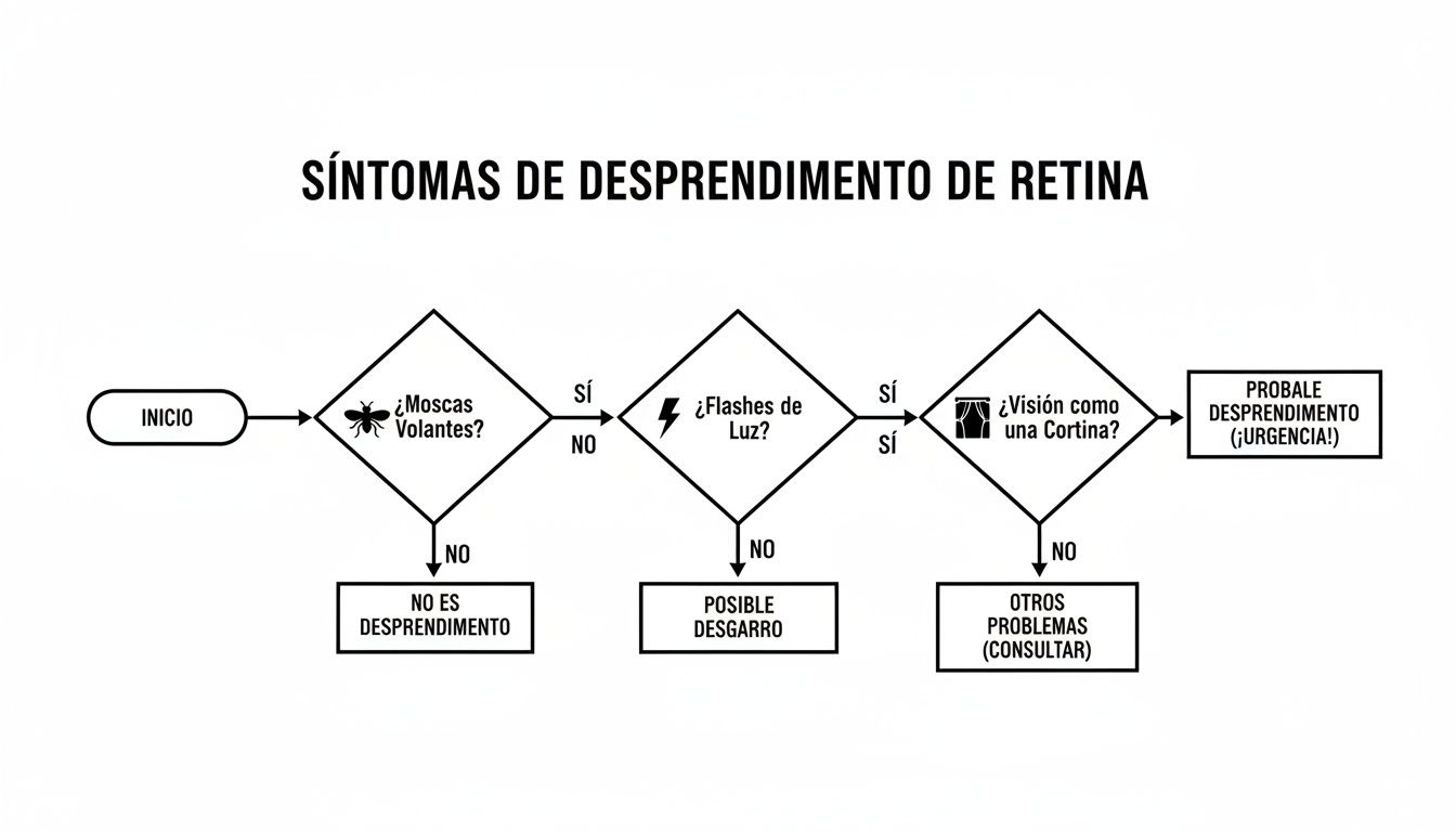 Diagrama de flujo ilustrando los síntomas del desprendimiento de retina para una rápida evaluación.