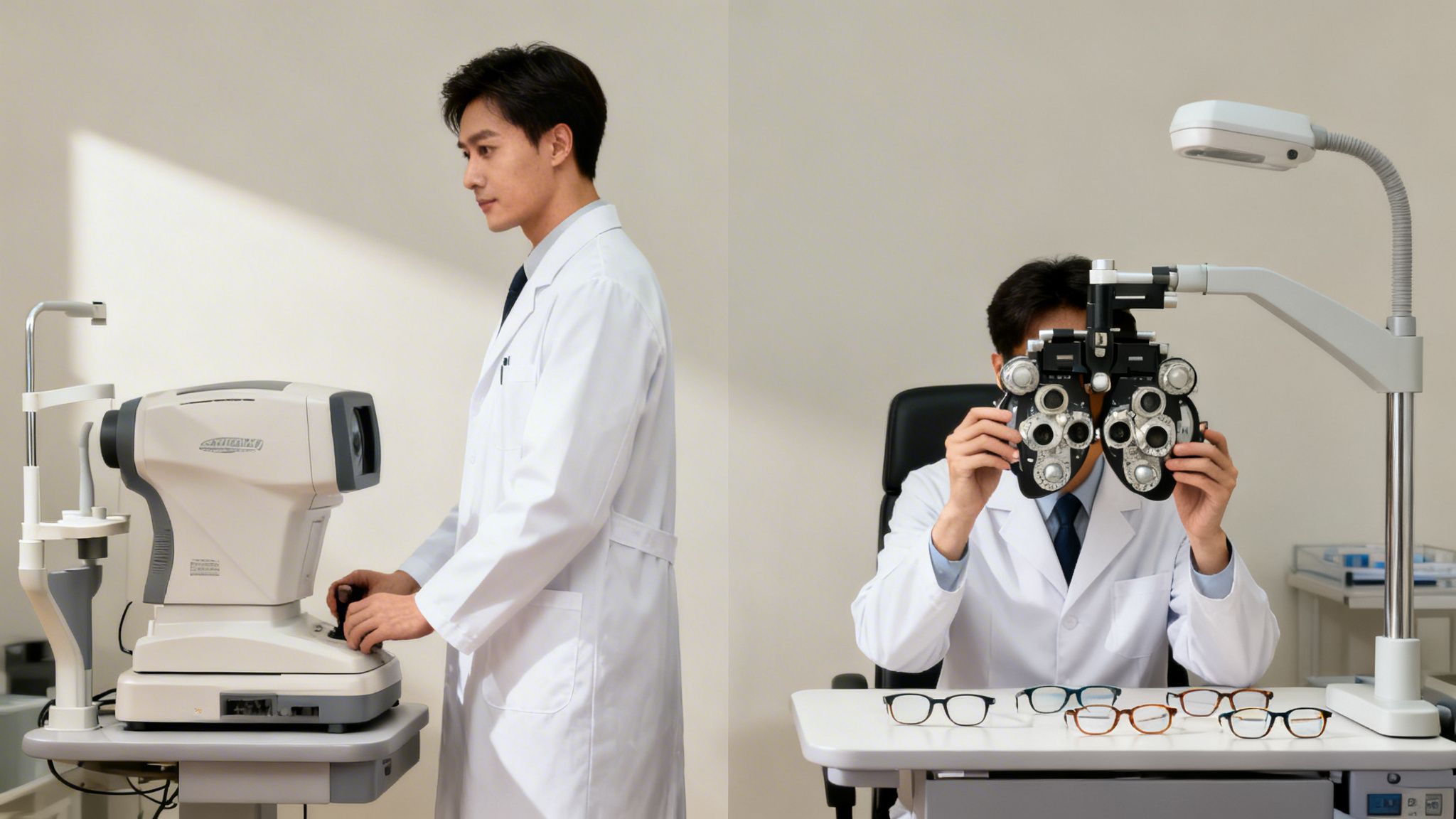 Dos profesionales de la vista realizan un examen ocular; uno usa un equipo de autorefractómetro y otro un foróptero.