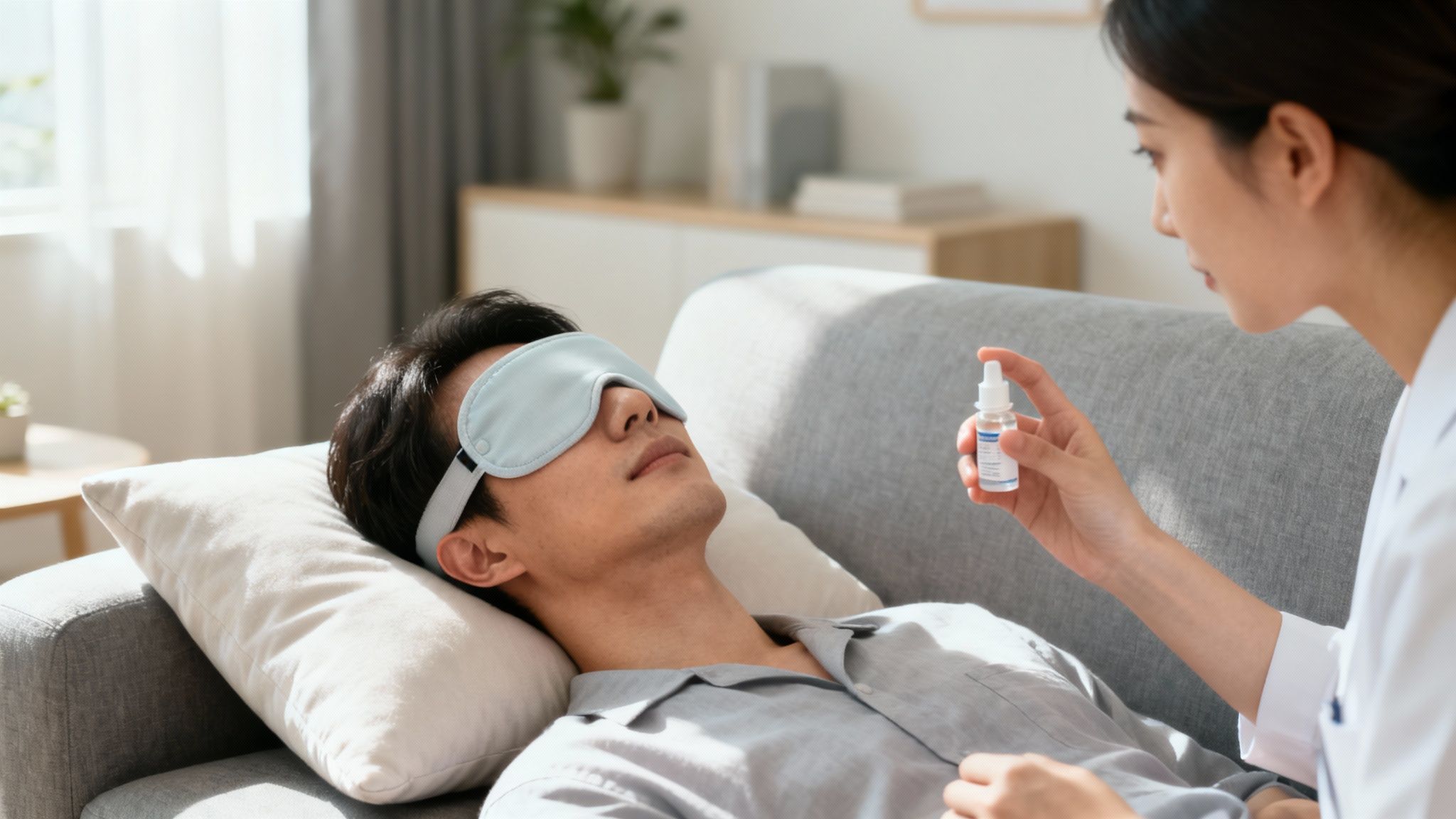 Una mujer prepara gotas para los ojos para un hombre descansando en el sofá con una máscara de dormir.