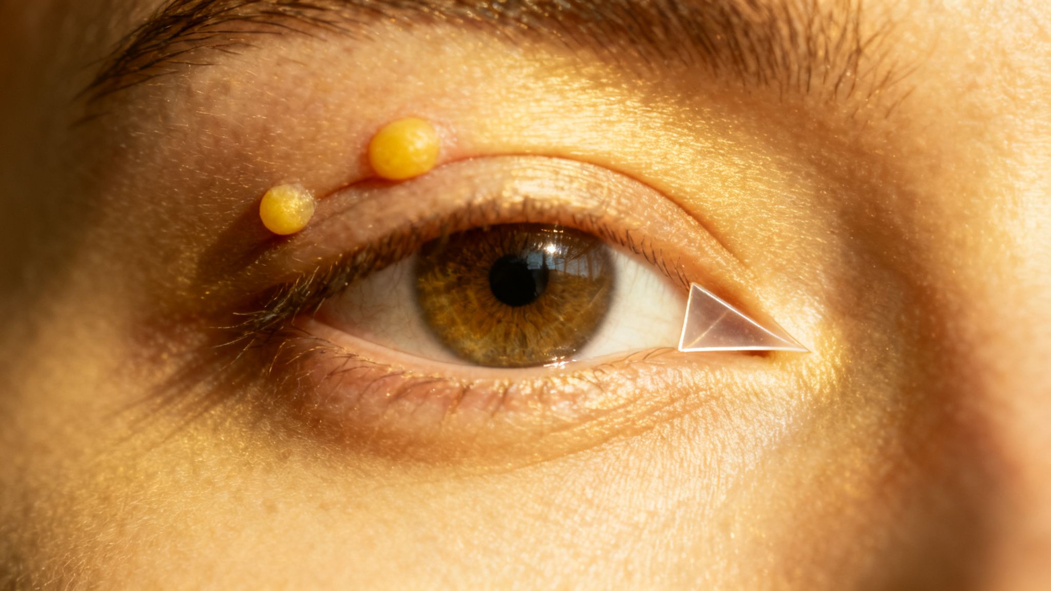 Primer plano de un ojo con maquillaje dorado, mostrando carnosidades amarillas y un detalle triangular.