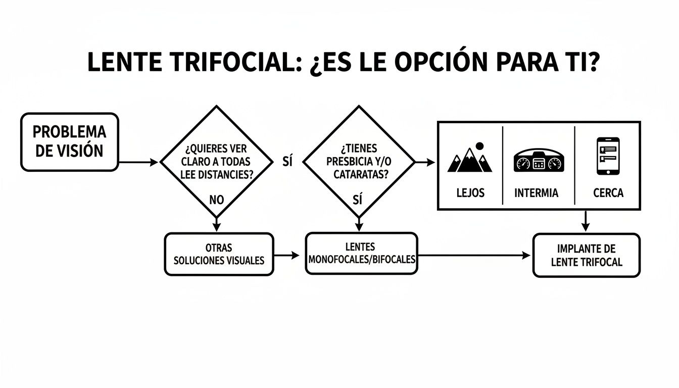 Diagrama de flujo que explica cuándo la lente trifocal es la opción ideal para corregir la visión.