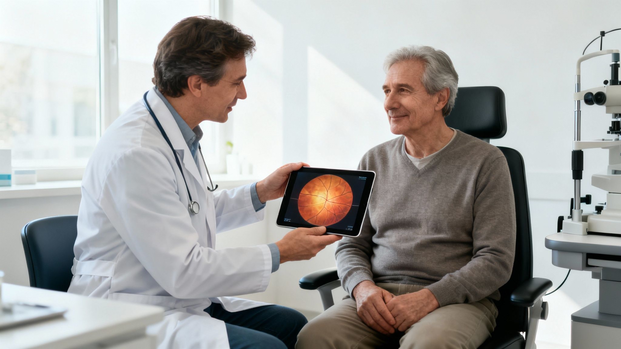 Médico oftalmólogo muestra escaneo de retina en tableta a paciente mayor durante una consulta.