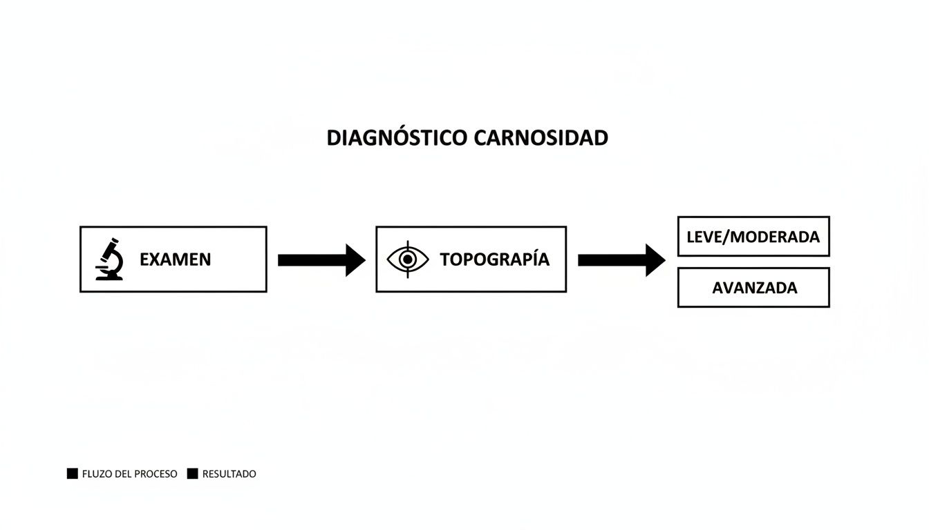 Diagrama de flujo para el diagnóstico de carnosidad ocular, mostrando examen, topografía y clasificación de leve/moderada a avanzada.