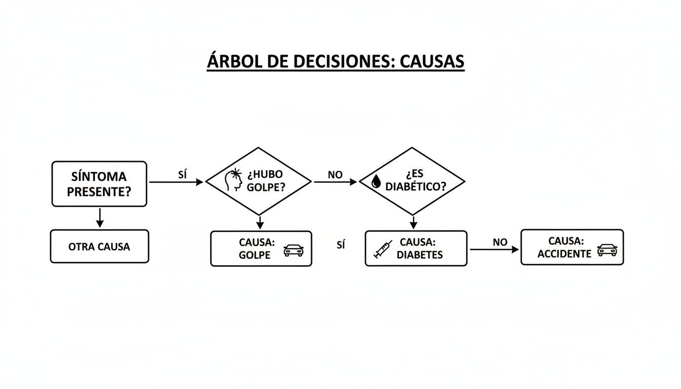 Diagrama de flujo o árbol de decisiones que ayuda a identificar la causa de un síntoma, incluyendo golpe, diabetes o accidente.