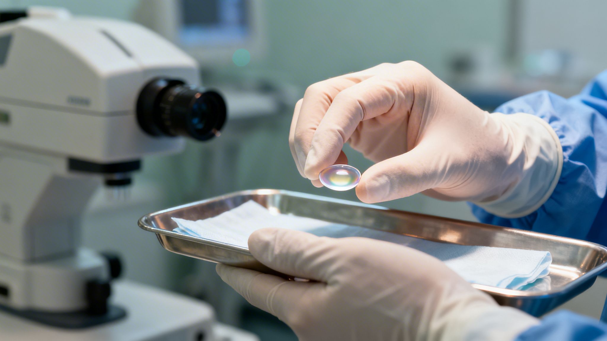 Mano enguantada de cirujano sosteniendo una lente intraocular sobre una bandeja quirúrgica estéril, con equipo oftalmológico.