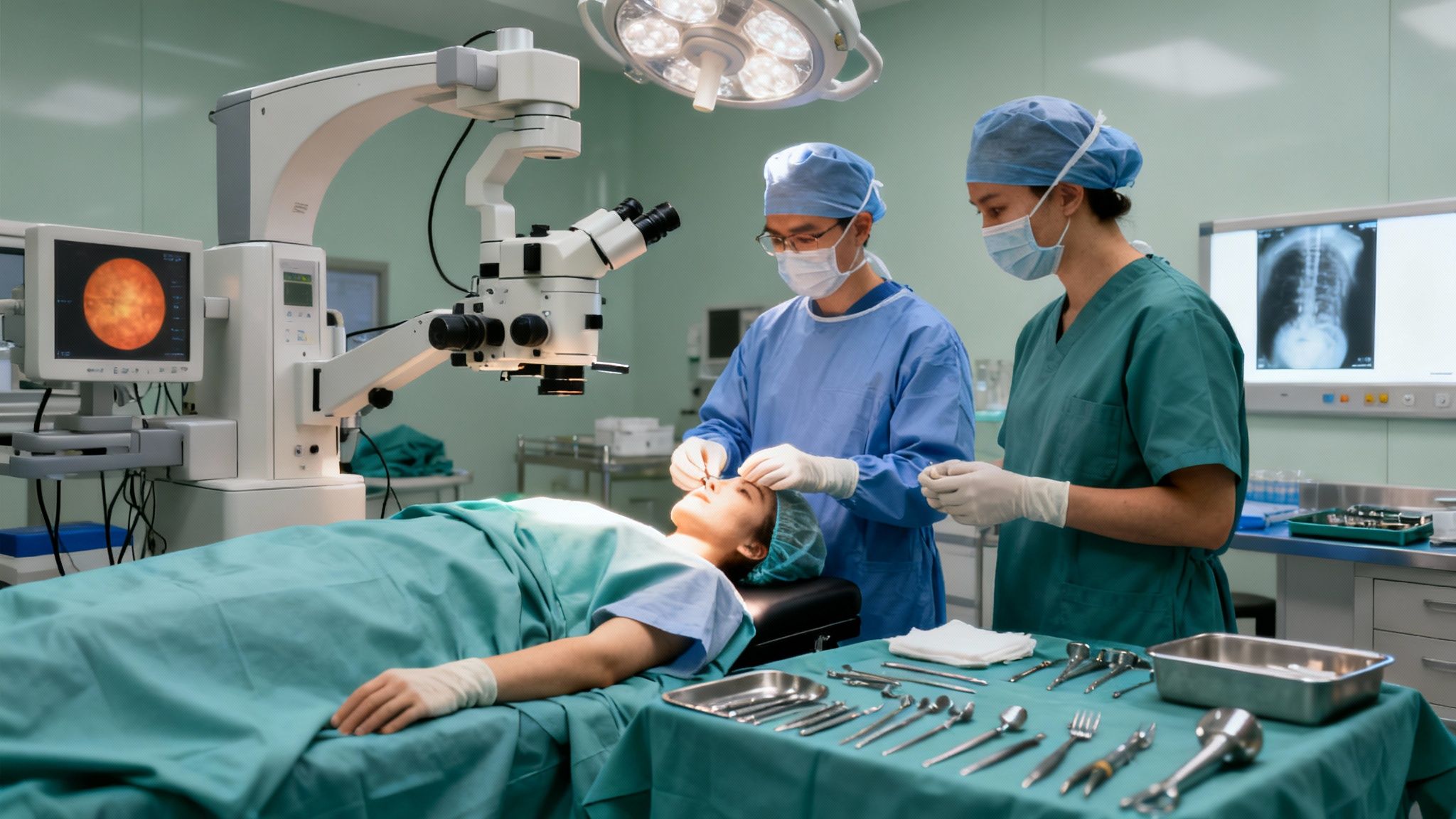 En una sala de operaciones, dos cirujanos realizan una cirugía ocular a un paciente. Equipo médico avanzado y monitores están presentes.