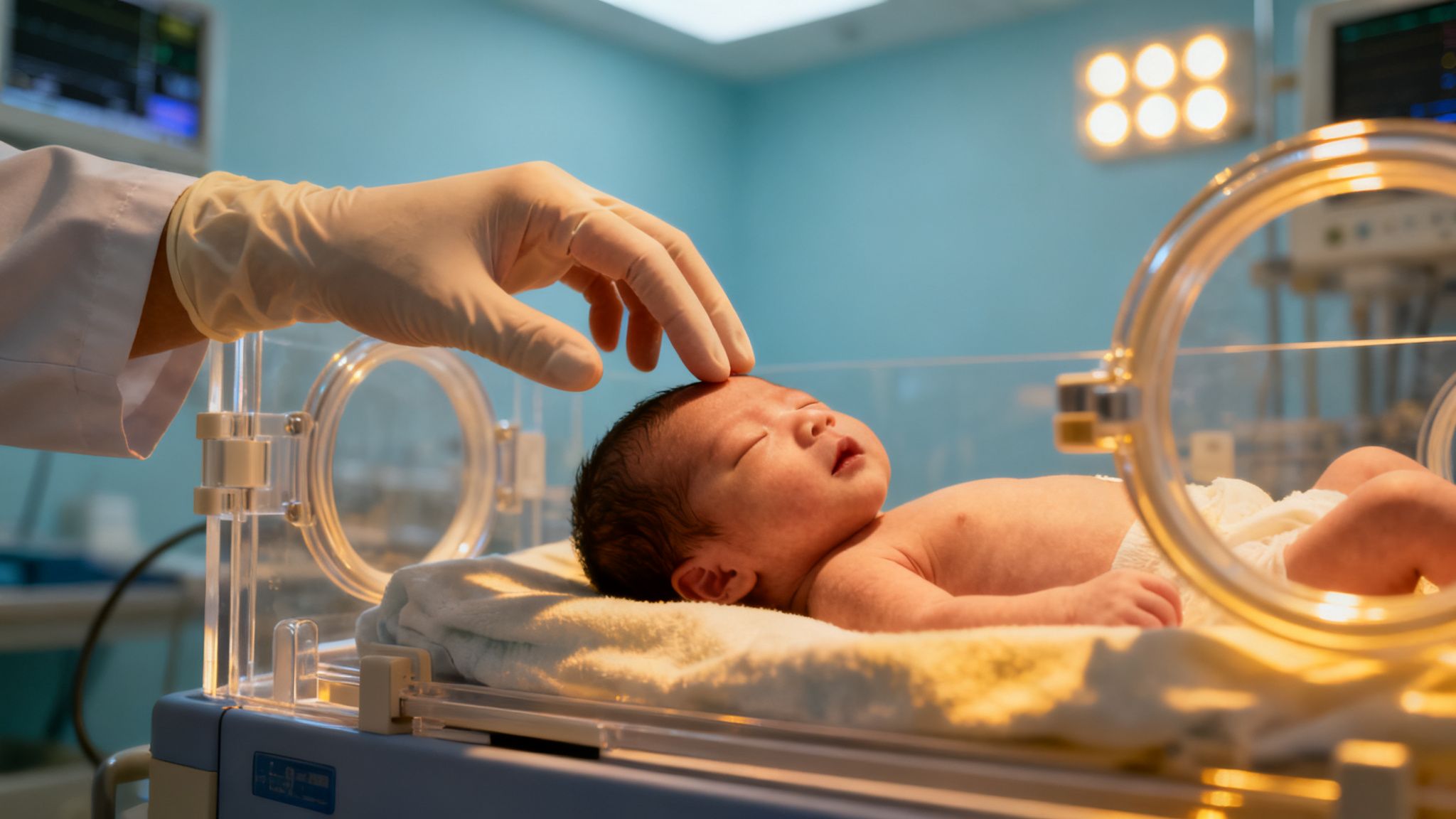 Una mano enguantada acaricia la frente de un bebé recién nacido durmiendo en una incubadora hospitalaria.