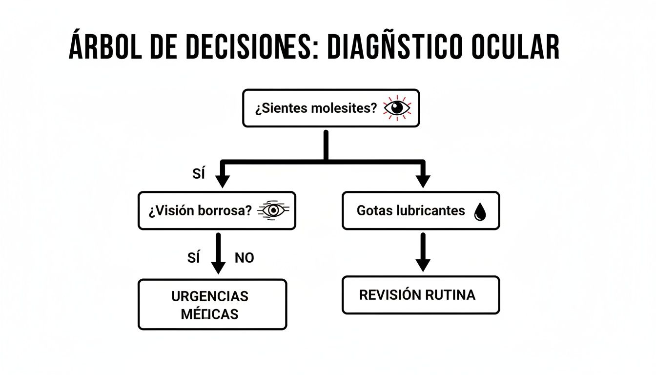 Árbol de decisiones para diagnóstico ocular, guiando de síntomas a urgencias o revisión rutinaria.
