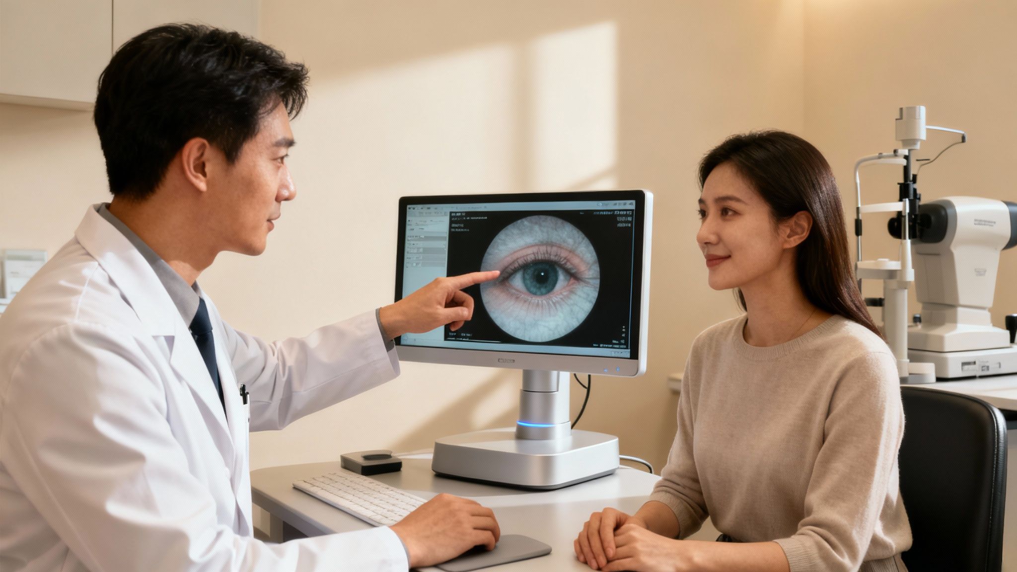 Un doctor señala la imagen de un ojo en un monitor a una paciente durante una consulta.