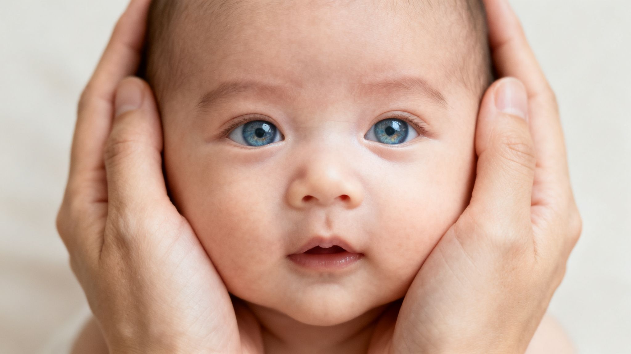 Primer plano de un bebé con ojos azules brillantes, manos adultas sosteniendo suavemente su cara.