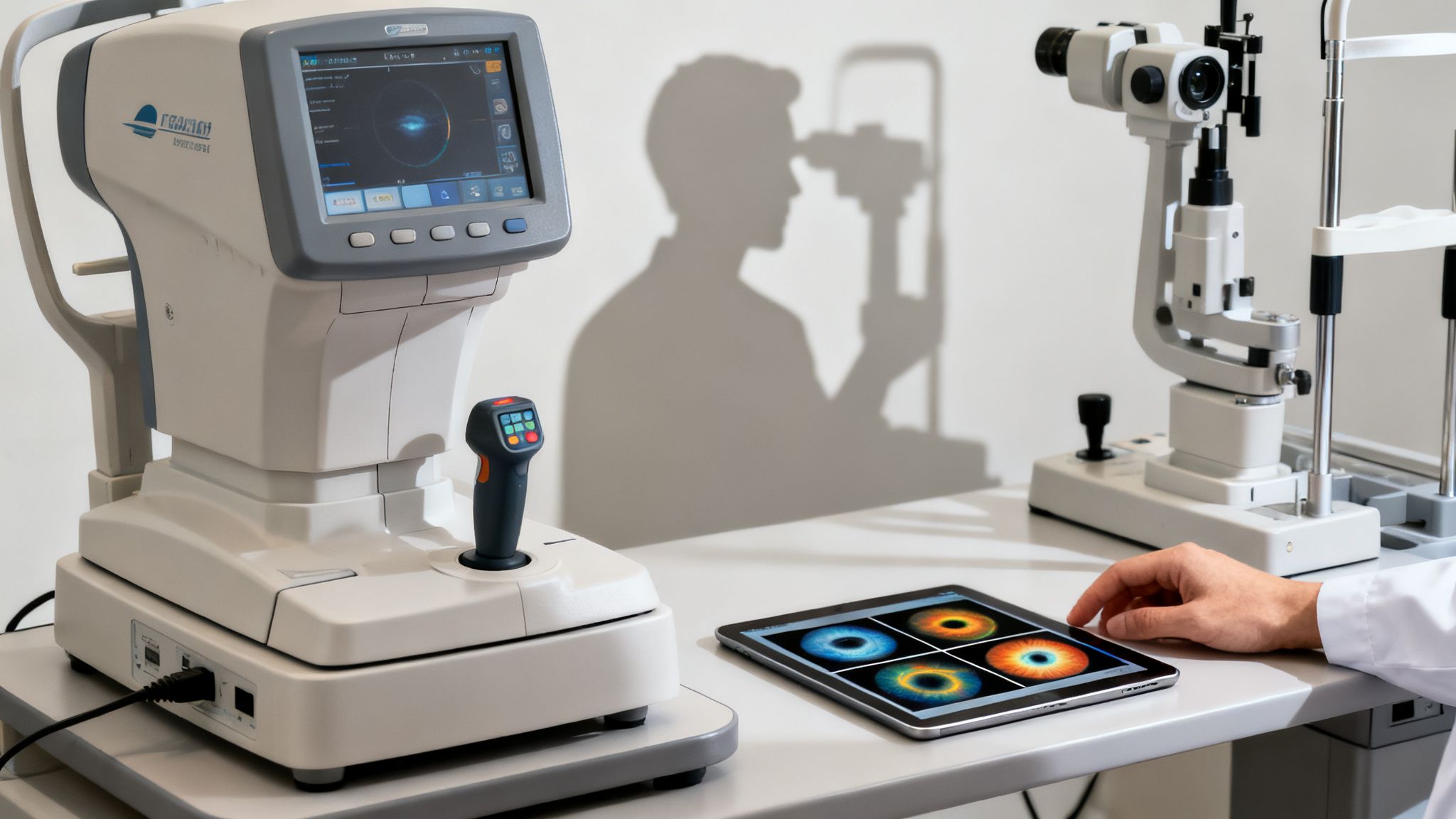 Equipo de examen ocular con un tablet mostrando escaneos de retina y sombra de un oculista.