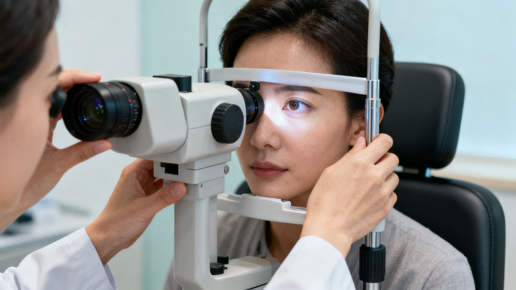 Optometrista examina el ojo de una mujer joven con equipo oftalmológico para un tamiz visual.