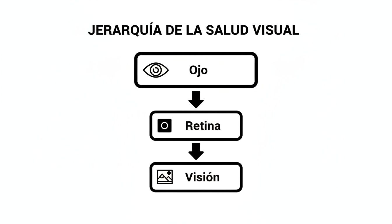 Diagrama de flujo que ilustra la jerarquía de la salud visual: del ojo a la retina y finalmente a la visión.