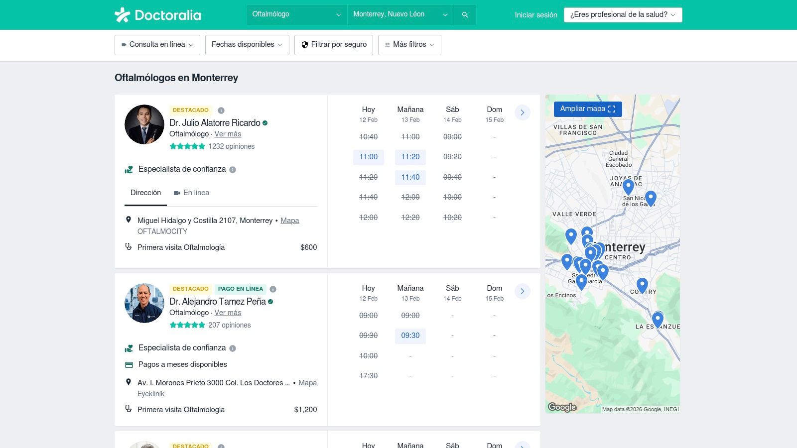 Listado de oftalmólogos en Monterrey en la plataforma Doctoralia