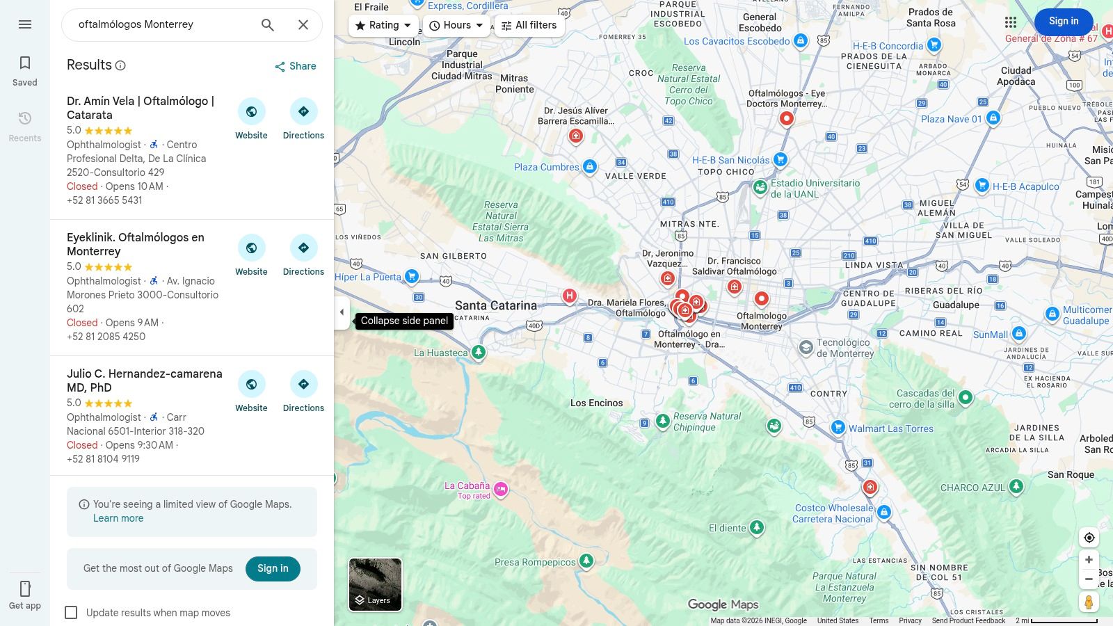 Búsqueda de oftalmólogos en Monterrey a través de Google Maps