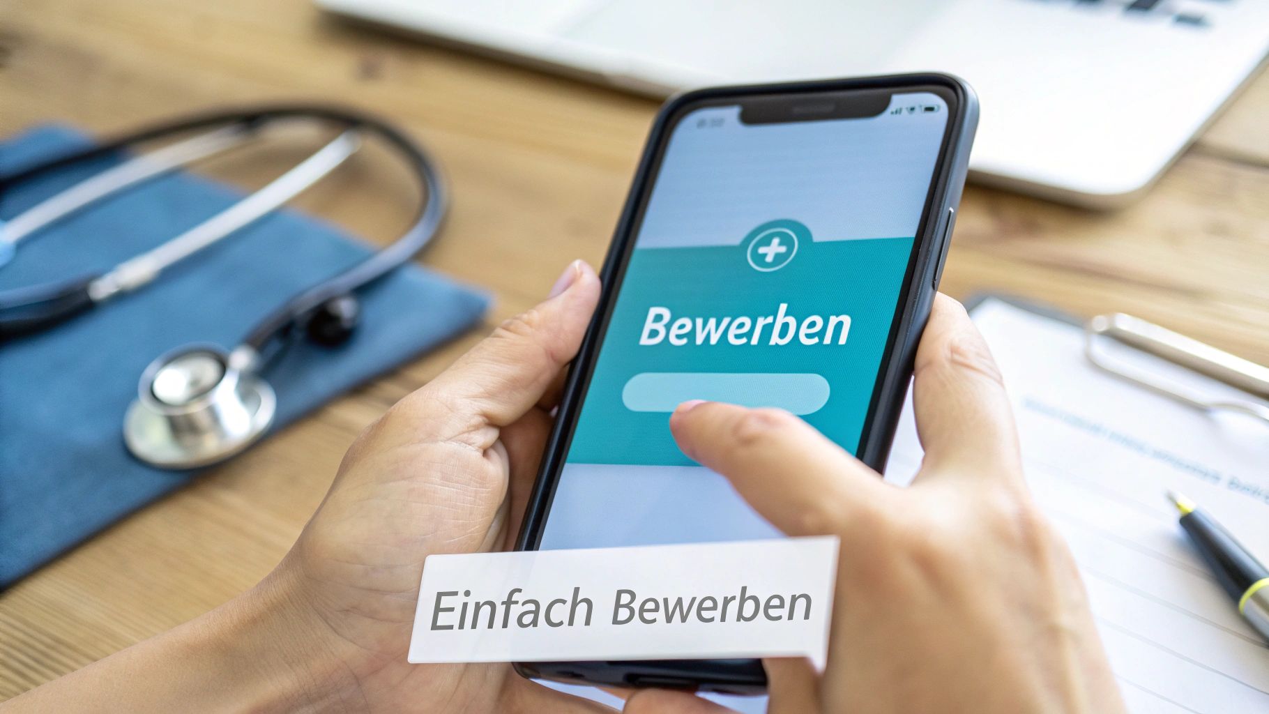 Nahaufnahme von Händen, die ein Smartphone mit einer Bewerbungs-App halten, Stethoskop im Hintergrund.