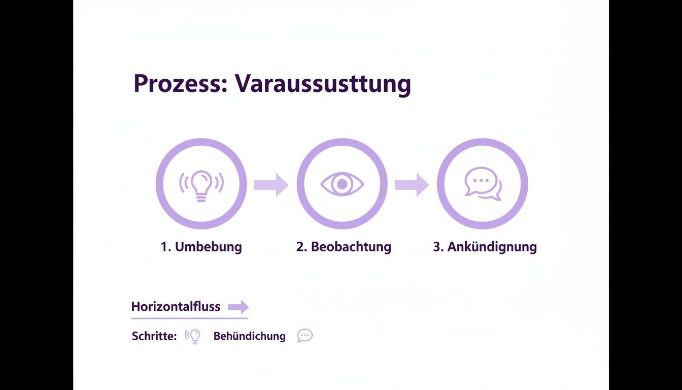 Prozessdarstellung mit drei Schritten: Umbebung (Glühbirne), Beobachtung (Auge) und Ankündigung (Sprechblase) mit horizontalem Fluss.