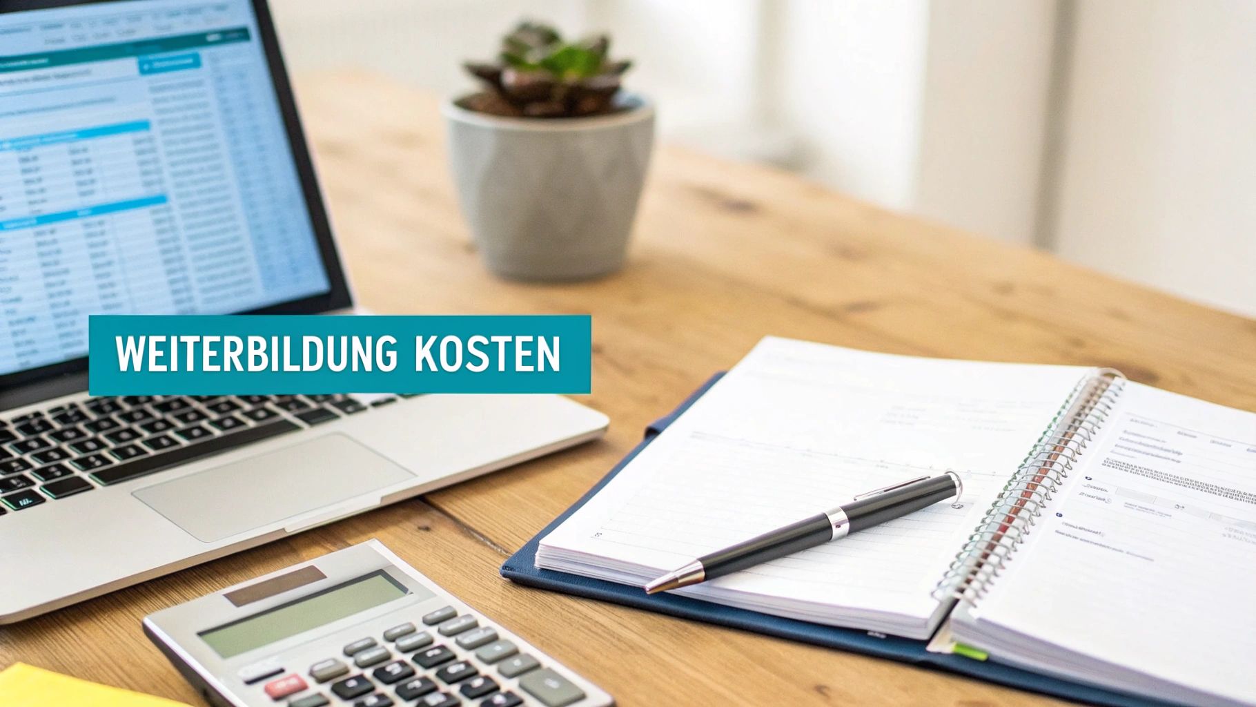 Arbeitsplatz mit Laptop, Taschenrechner, Notizbuch und Stift. Auf dem Bildschirm ist eine Tabelle zu sehen. Text: Weiterbildung Kosten.