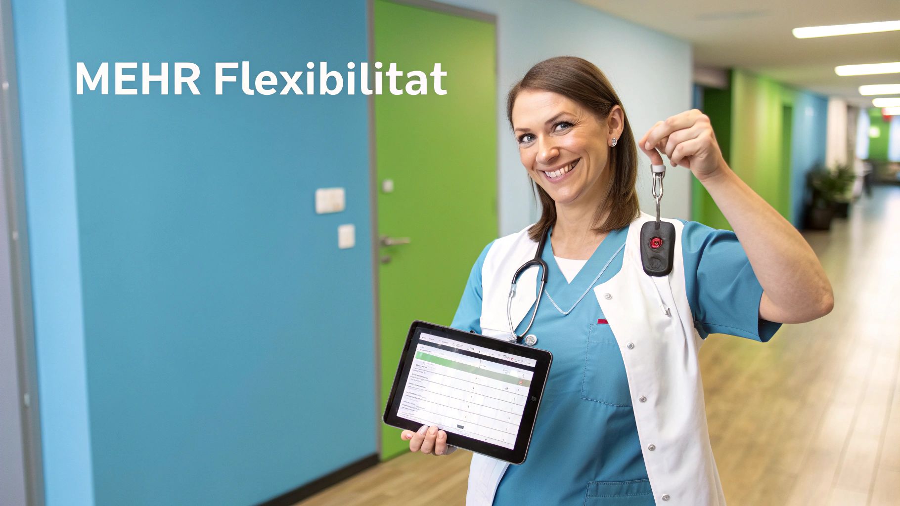 Eine lächelnde Krankenschwester hält ein Tablet und einen Autoschlüssel in einem Krankenhausflur mit dem Text 'MEHR Flexibilität'.