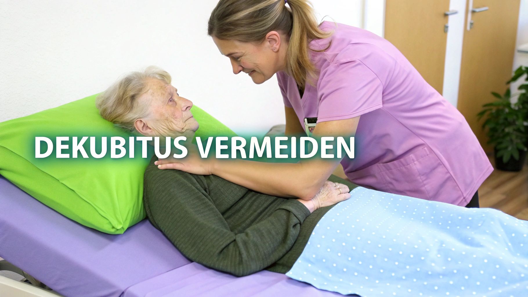 Pflegekraft hilft älterer Frau im Bett, um Dekubitus zu vermeiden und Komfort zu gewährleisten.
