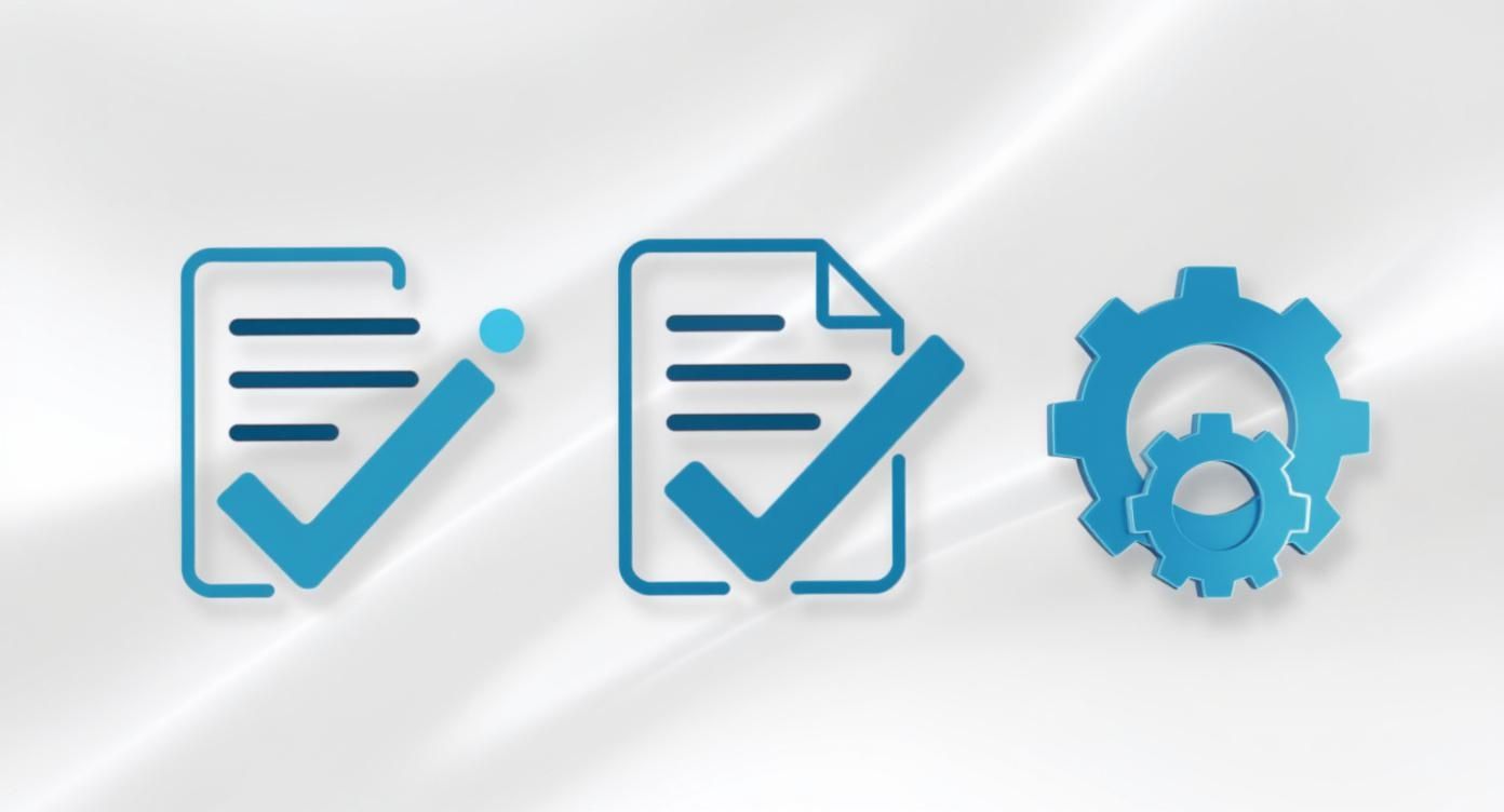 Drei blaue Symbole auf weißem Hintergrund: eine Checkliste mit Haken, ein Dokument mit Haken und Zahnräder.