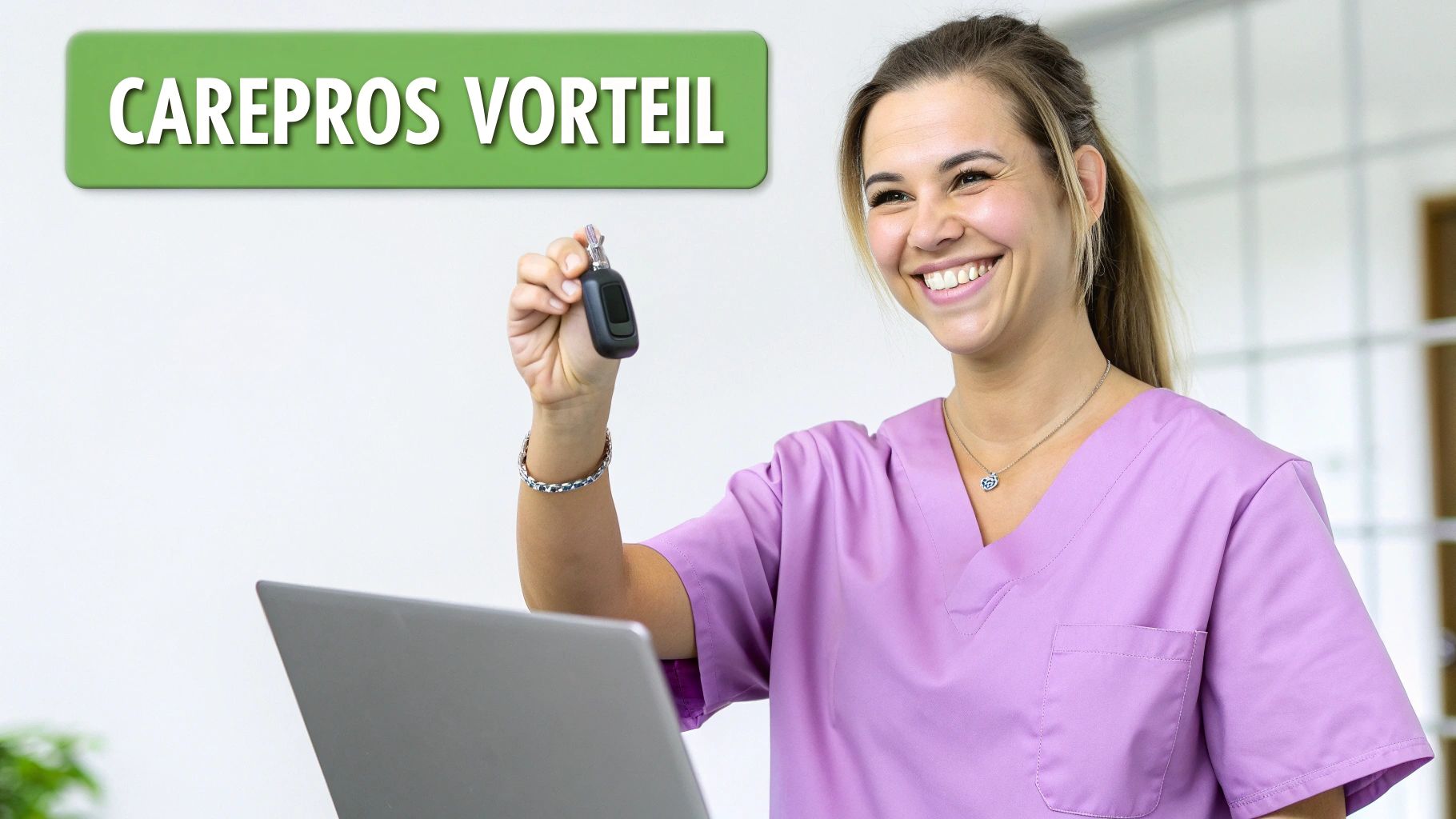 Lächelnde Frau in lila Arbeitskleidung hält einen Autoschlüssel hoch. Laptop sichtbar, grüner Schriftzug CAREPROS VORTEIL.