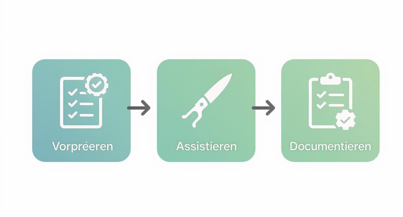 Drei-Phasen-Prozess: Vorpreeren mit Checkliste, Assistieren mit Skalpell, Dokumentieren mit Klemmbrett und Häkchen