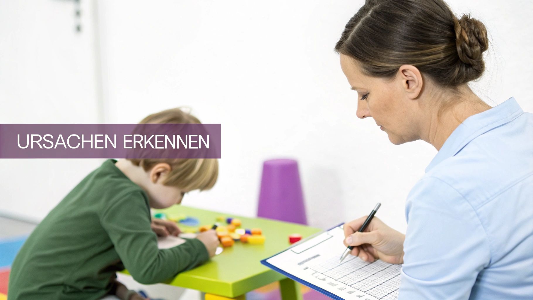 Eine Fachkraft beobachtet ein Kind beim Spielen an einem Tisch und notiert Beobachtungen auf einem Klemmbrett.