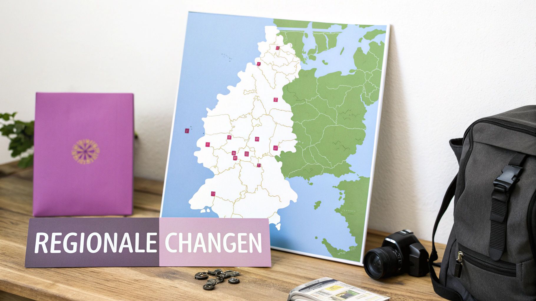 Eine Landkarte Deutschlands mit markierten Orten, einem Schild „REGIONALE CHANGEN“, Kamera und Rucksack auf Holztisch.
