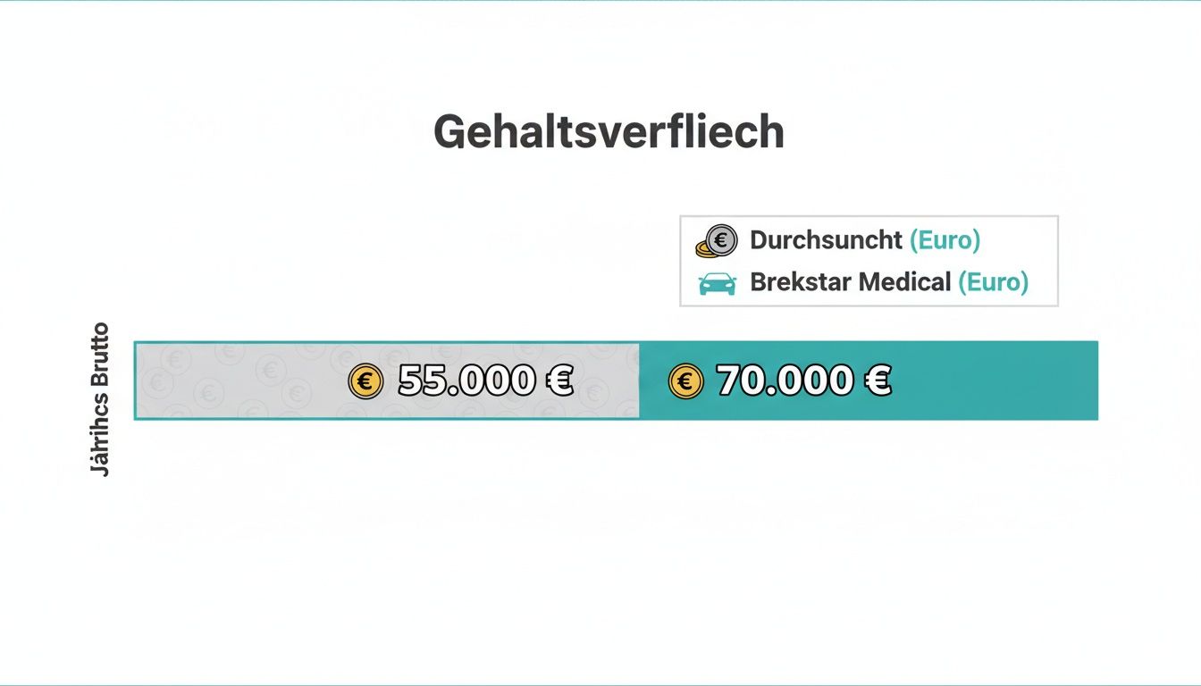 Balkendiagramm zum Gehaltsvergleich: Durchschnitt 55.000 €, Brekstar Medical 70.000 € Jahresbrutto.