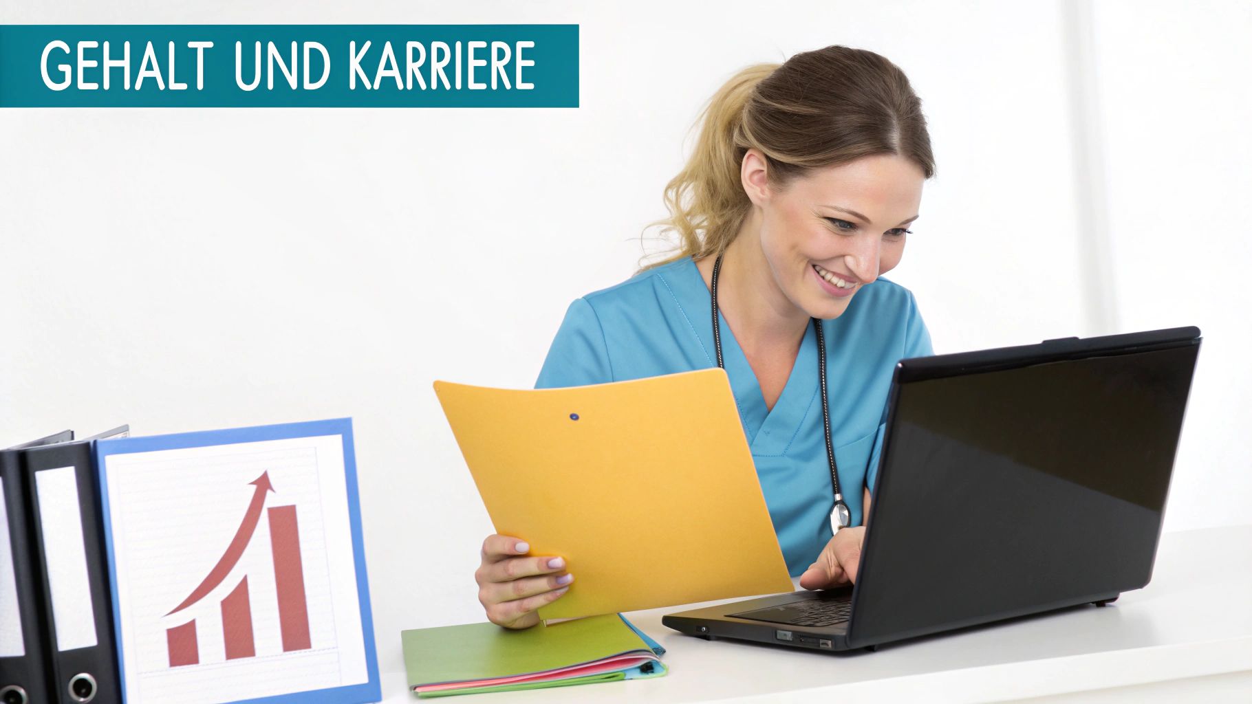 Eine lächelnde Frau in medizinischer Kleidung arbeitet am Laptop mit Akten. Oben steht 'GEHALT UND KARRIERE'.