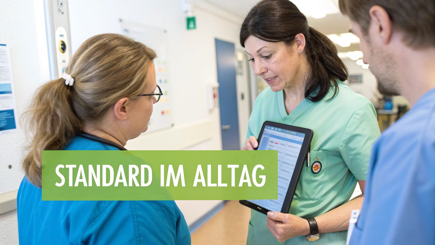 Drei medizinische Fachkräfte besprechen gemeinsam Informationen auf einem Tablet in einem Klinikflur, mit dem Text 'Standard im Alltag' eingeblendet.