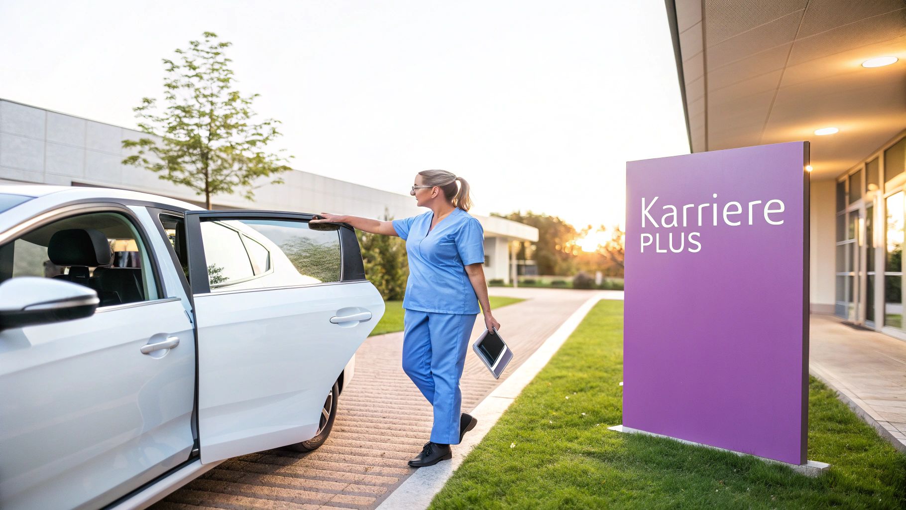 Eine Pflegekraft in Uniform hält Autoschlüssel in die Kamera, im Hintergrund ist ein weißes Auto unscharf zu sehen.